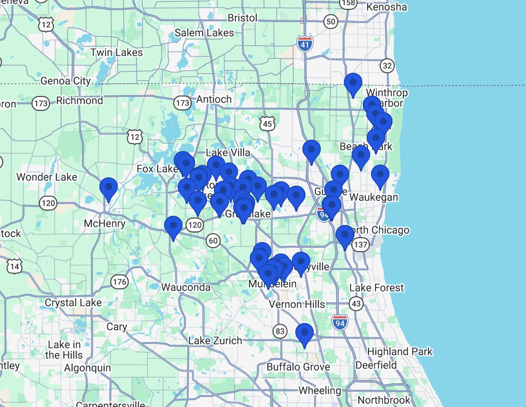 Map of Lake County, Illinois showing properties managed by Cruise Property Management